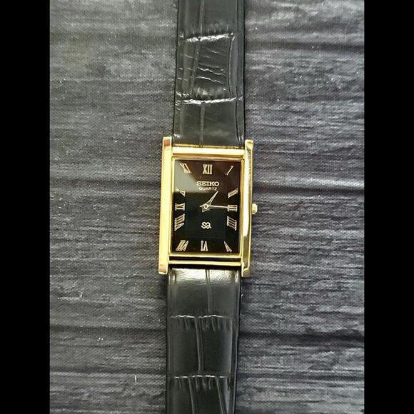 Other - GOLD Black Dial New Batt & Movt Men's Tank Dress Watch